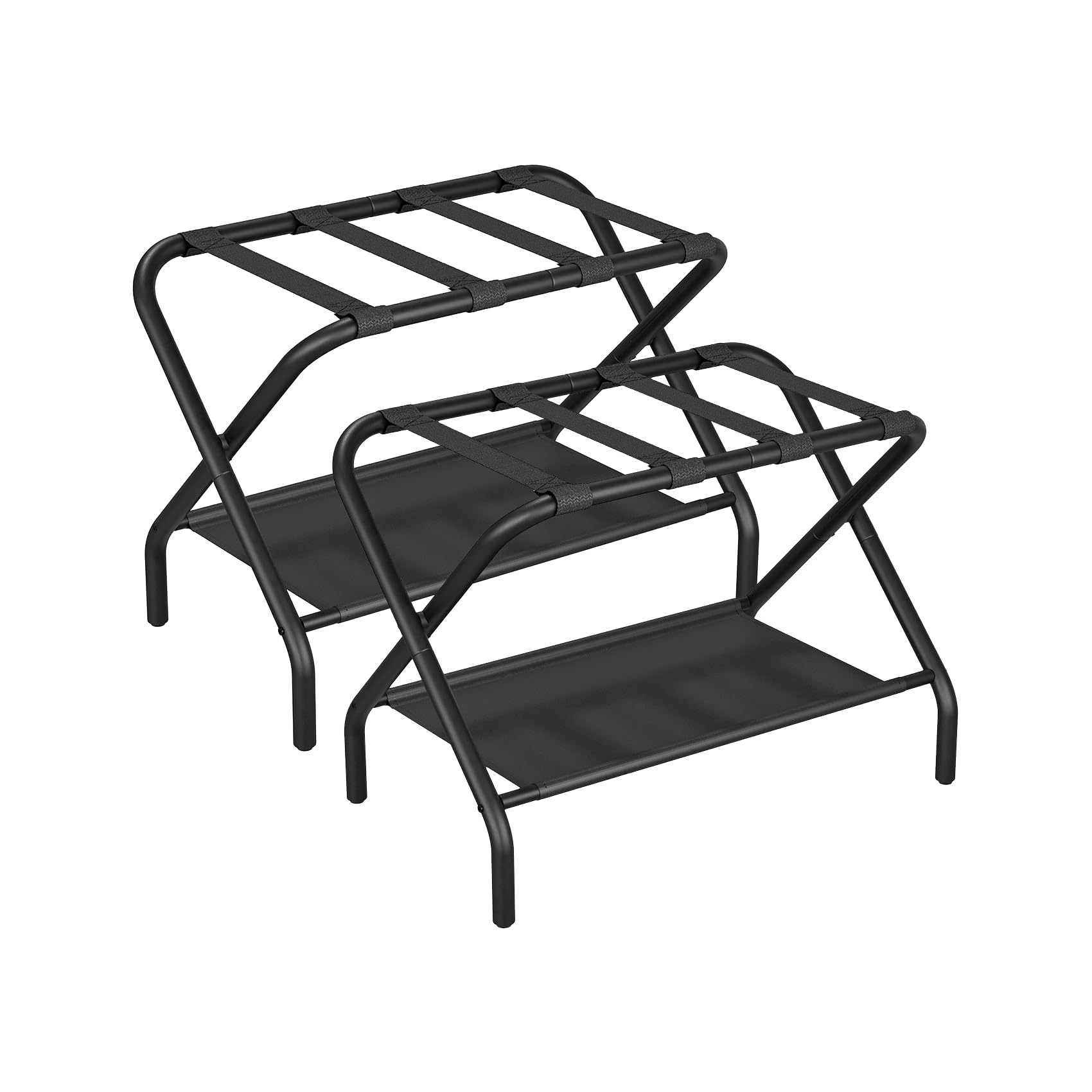 Smuxee Gold Luggage Rack, Foldable Suitcase Stand with Fabric Storage Shelf, Luggage Holder with 4 Nylon Straps for Guest Room Bedroom Hotel