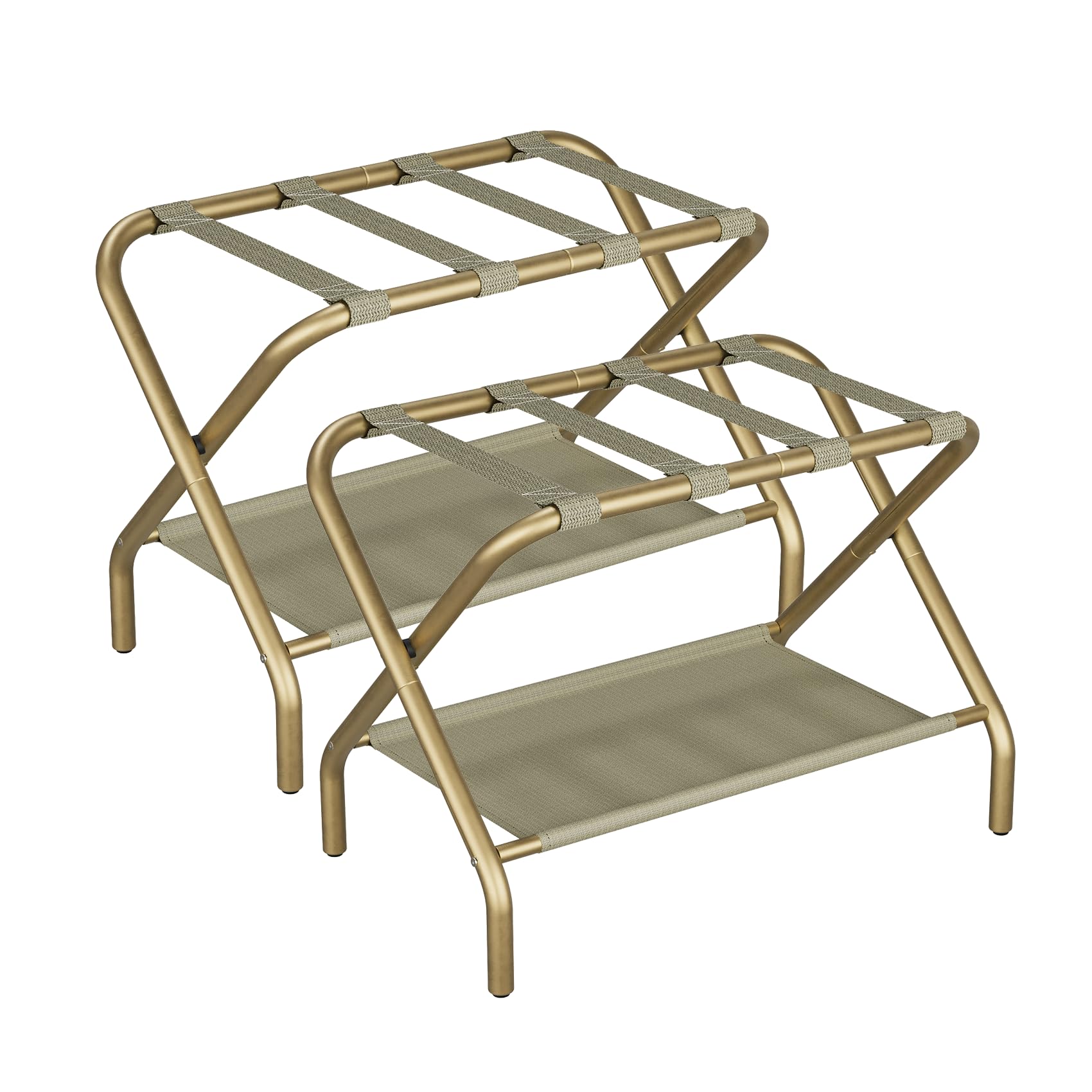 Smuxee Gold Luggage Rack, Foldable Suitcase Stand with Fabric Storage Shelf, Luggage Holder with 4 Nylon Straps for Guest Room Bedroom Hotel